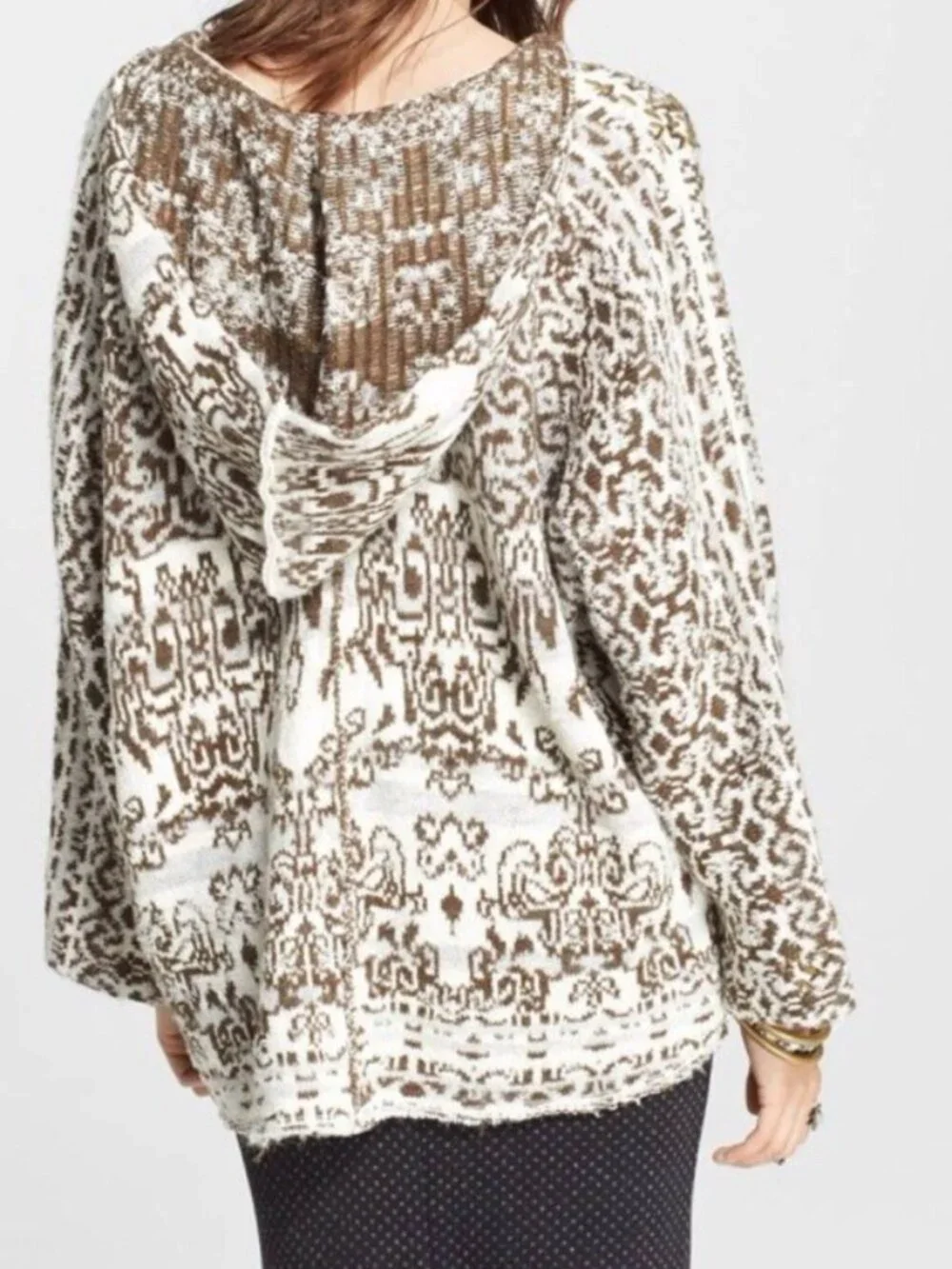 Free People Raggy Wool Blend Hooded Oversize Relaxed Sweater V-Neck Olive Beige